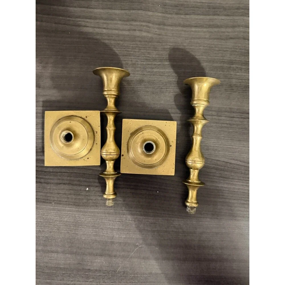 Brass Tone Taper Candle Holders Pair 7.5 Inch Square Footed Base Candlesticks